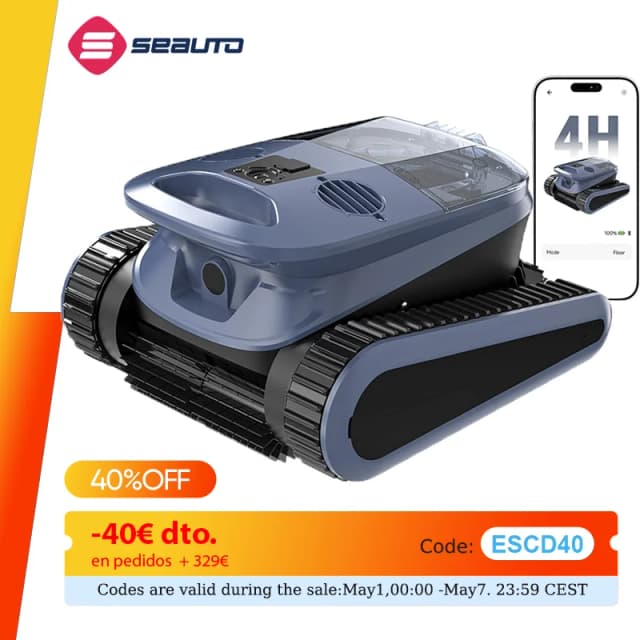 Limpiador Robótico de Piscinas Seauto SAT 40, 240 Minutos de Autonomía, Navegación con Sonar IA, 4 Modos de Limpieza, para Piscinas de 3200 Pies Cuadrados