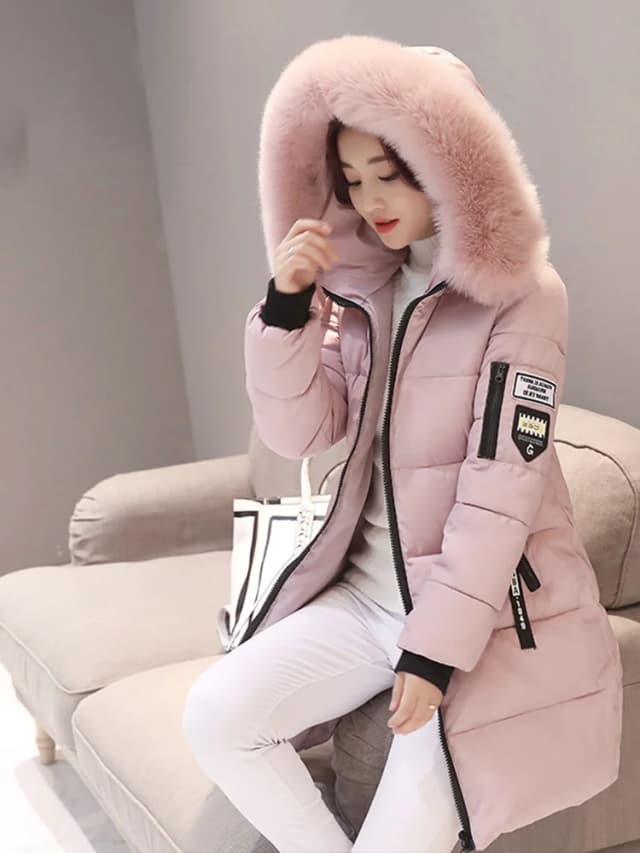 Parka con capucha y cuello de piel para mujer, abrigo largo con diseño de bolsillos y cremallera con parche de letras a la moda, abrigos gruesos y cálidos elegantes para mujer