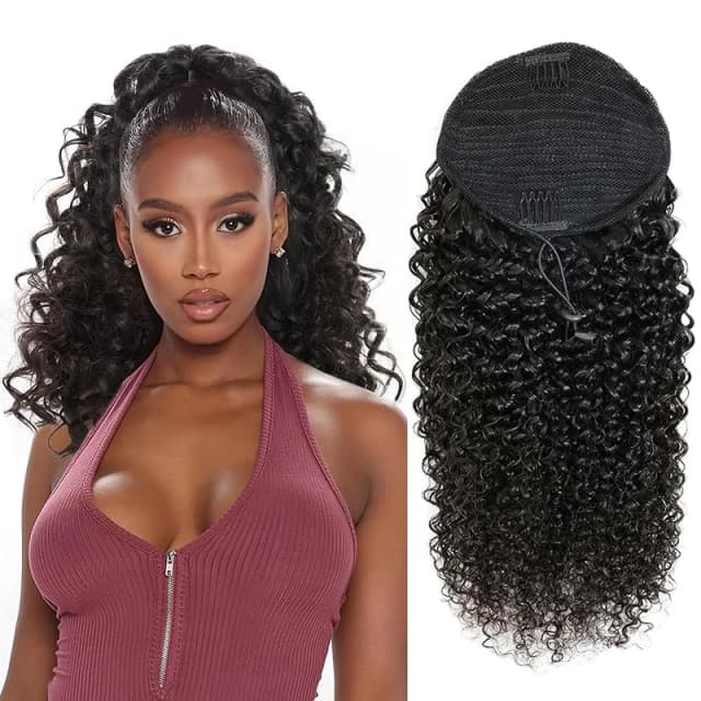 Extensiones de cola de caballo rizada, cola de caballo con cordón de onda profunda para mujeres negras, cabello humano con Clip en cola de caballo gruesa Natural # 1B