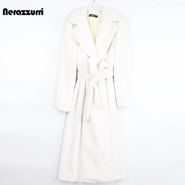 Nerazzurri-abrigo largo de Invierno para mujer, abrigo de piel sintética esponjosa y cálida, con cinturón de manga larga y solapa, elegante, moda coreana sin botones