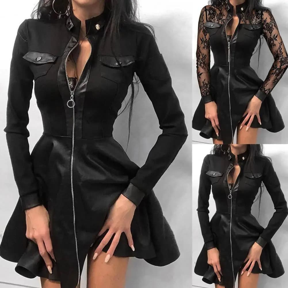 Mini vestido de encaje de cuero de imitación para mujer, manga larga, bolsillo con cremallera, dobladillo grande, ropa elegante, vestido de fiesta de moda, 5XL