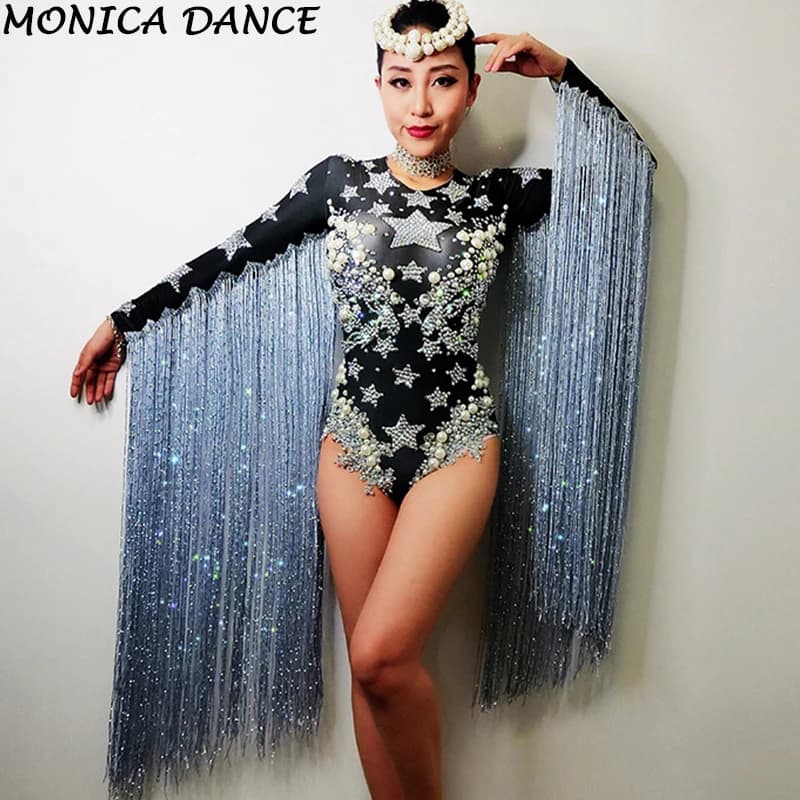 Body gris con flecos y cristales para mujer, traje de cantante para fiesta en club nocturno, traje de celebración, traje de baile de escenario, leotardo con flecos
