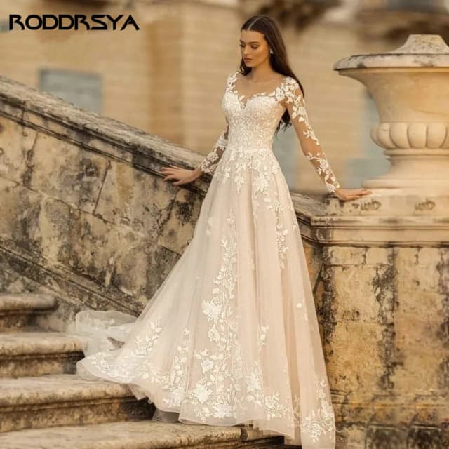 RODDRSYA-vestido de novia elegante con cuello redondo, traje de tul con apliques de línea A, mangas largas, vestidos de novia de playa, personalizadoRoddrsya elegante vestido de novia de cuello redondo con calcomanía e
