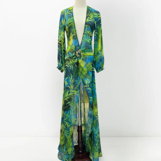 Vestido largo verde con cuello en V profundo y botones de joyería, falda de banquete, falda de playa para fiesta
