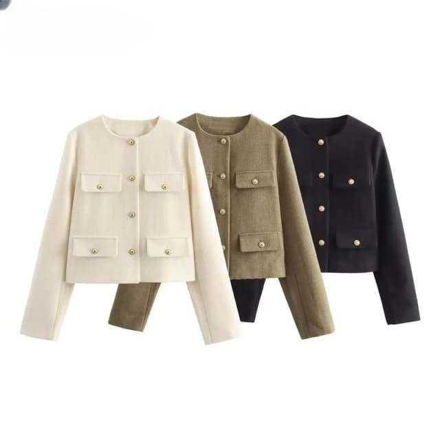 ASDS moda Mujer Otoño Invierno de un solo pecho texturizado cuello redondo Flip bolsillo Chaqueta corta abrigo Chic señoras Tops Mujer