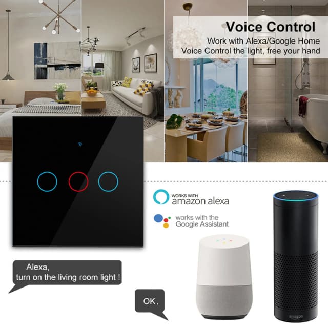 Interruptor inteligente WiFi, Interruptor táctil de pared con luz europea, 220V, sin necesidad de cable neutro, Tuya Smart Life, funciona con Alexa, Google Home, 1/2/3 entradas