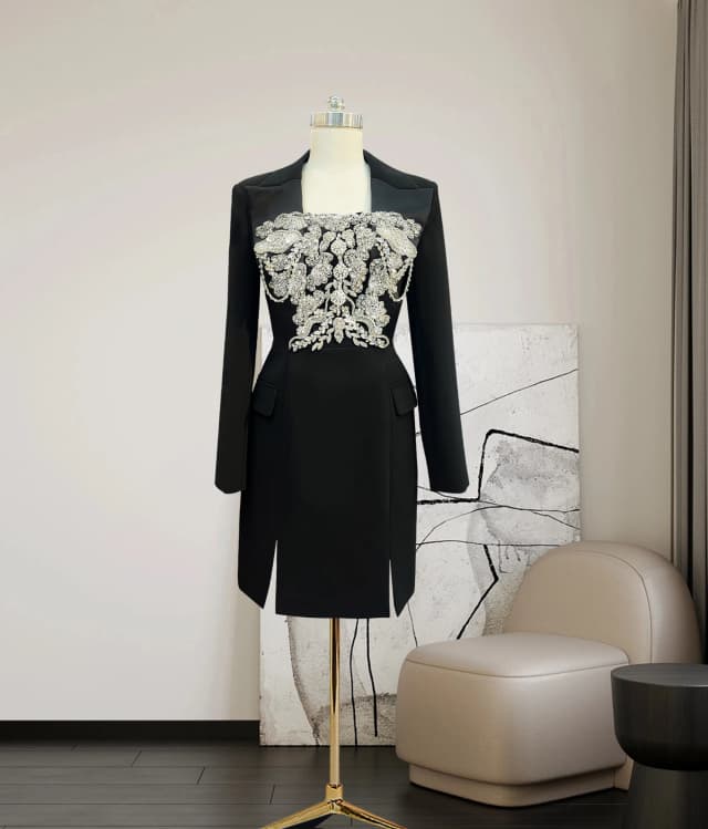 Vestido de línea a con cuentas negras, cuello cuadrado 3D, verano, nuevo