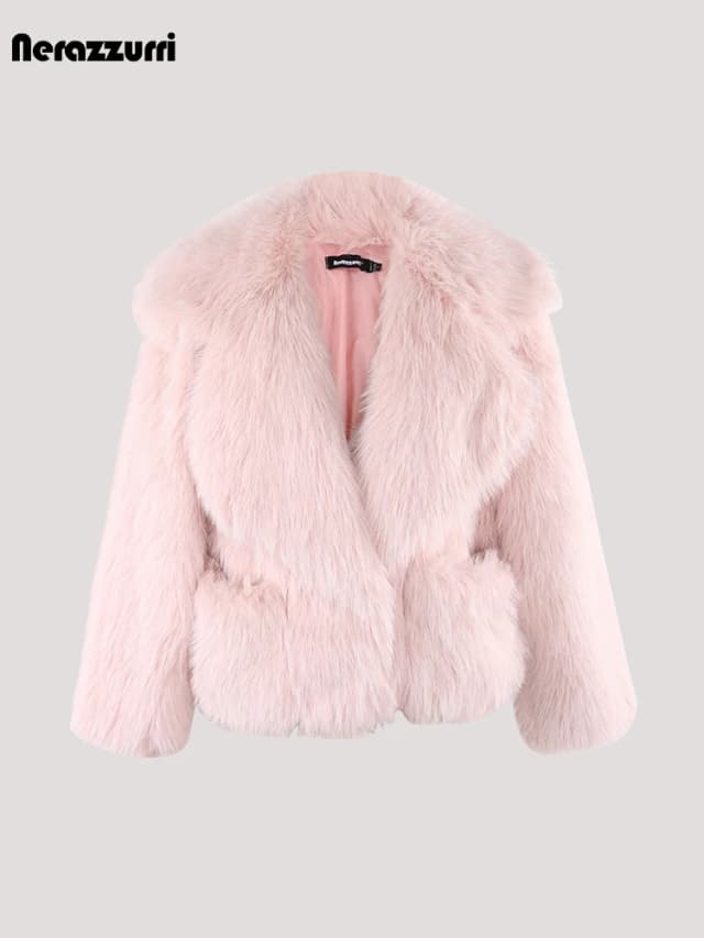 Nerazzurri invierno corto suelto Casual peludo suave grueso cálido Rosa abrigo de piel sintética mujeres con cuello grande y bolsillos chaqueta mullida