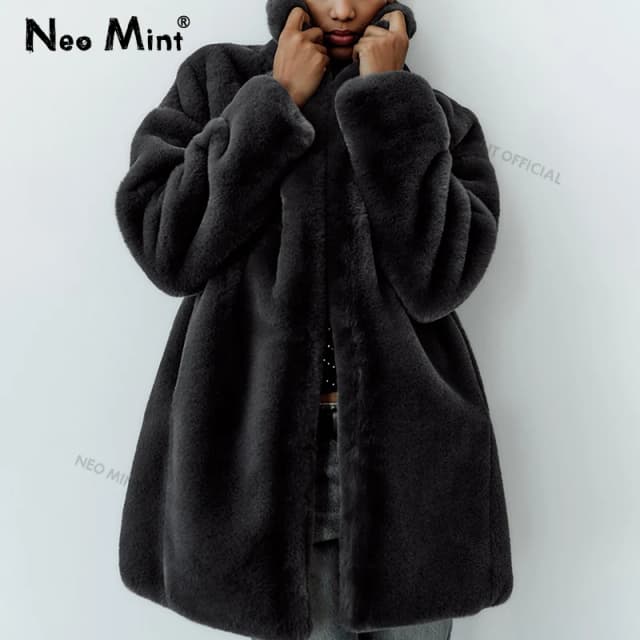 Abrigo de piel sintética de conejo para mujer, chaqueta gruesa y cálida con cuello de piel, color gris oscuro, estilo clásico, Neo Mint, marca de diseñador, invierno, 2024