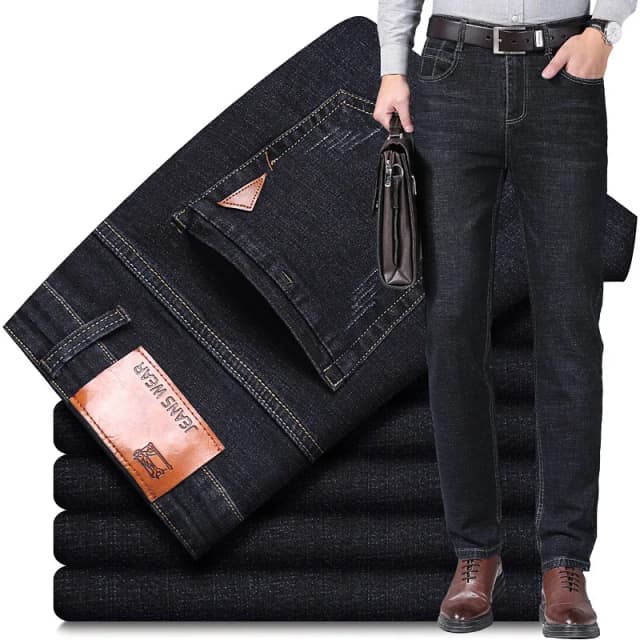 2024 nuevos pantalones vaqueros ajustados elásticos informales de estilo clásico para hombre, pantalones vaqueros de marca para hombre, pantalones vaqueros de negocios de moda negros y azules
