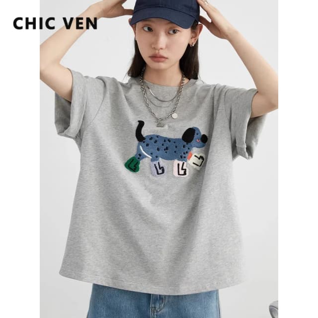 Camisetas CHIC VEN para mujer, ropa informal suelta, camisetas Unisex divertidas con bordado de perro de manga corta de algodón para niña, Top femenino de verano 2025