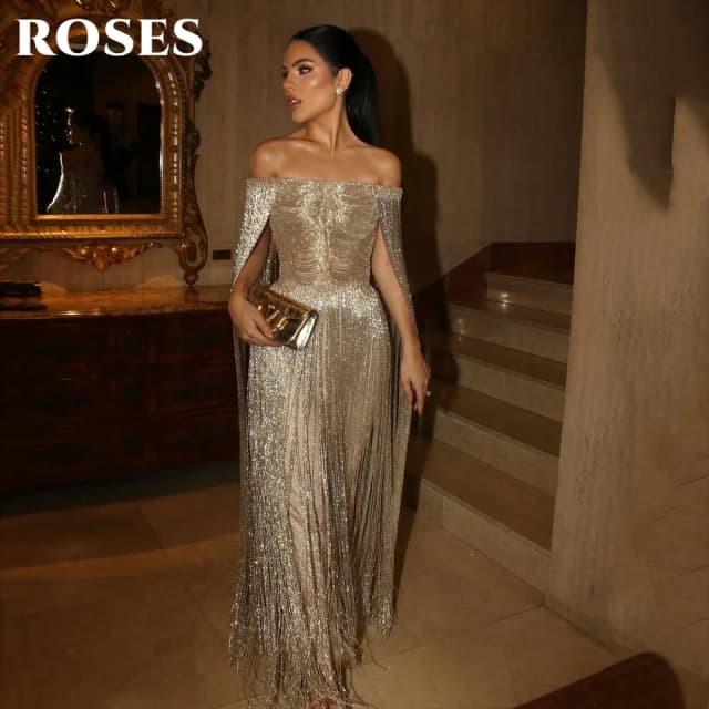 Vestido de Noche de Lujo Dorado ROSES, Vestido de Fiesta con Hombros Descubiertos y Borlas, Vestido de Gala con Mangas de Capa, Vestido de Sirena Brillante, Vestidos de Noche Personalizados