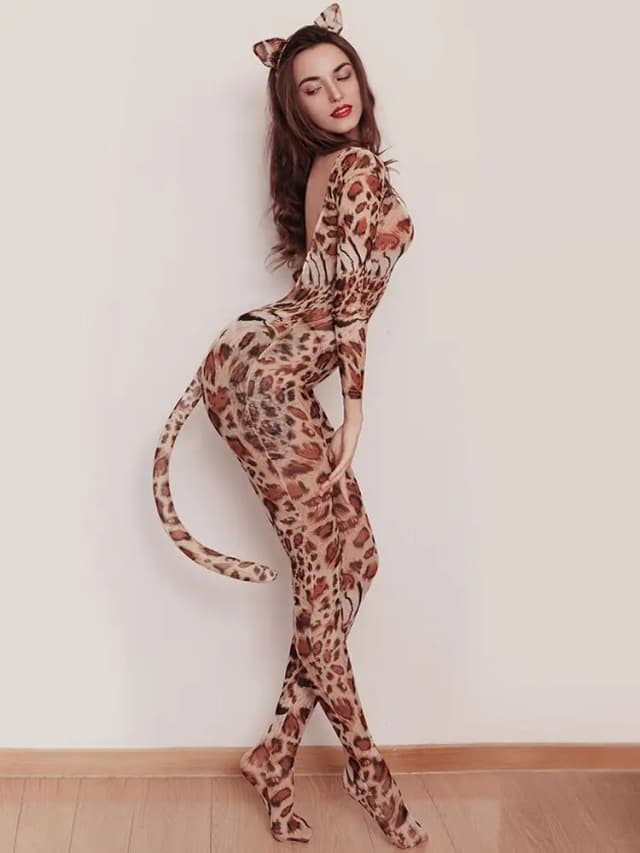 Body de Cosplay con espalda descubierta y estampado de leopardo, medias de corte bajo, mono con entrepierna abierta, leotardo Sexy, lencería unida, Catsuit