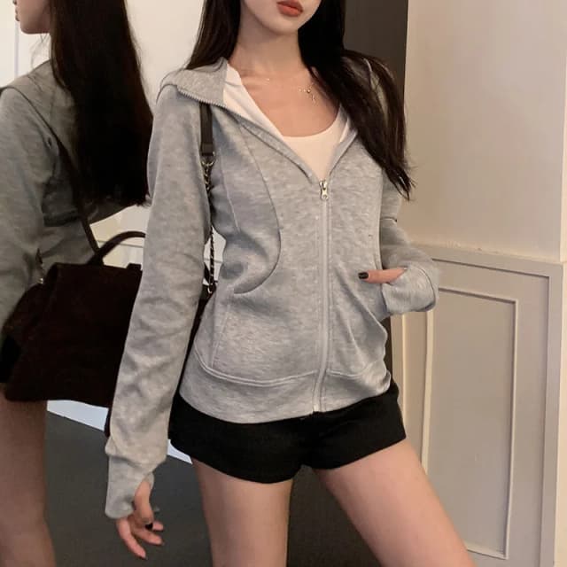 Sudadera con capucha gris con cremallera para mujer, cárdigan ajustado coreano, abrigo de manga larga para mujer, chaqueta deportiva con bolsillos sólidos 2025