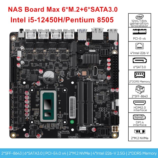 Placa base NAS i5-12450H de 6 bahías 8505 Max 6 * NVMe 6 * SATA3.0 1 * PCIEx4 4 * Intel i226-V 2,5G 2 * DDR5 Firewall PC Mini placa base ITX