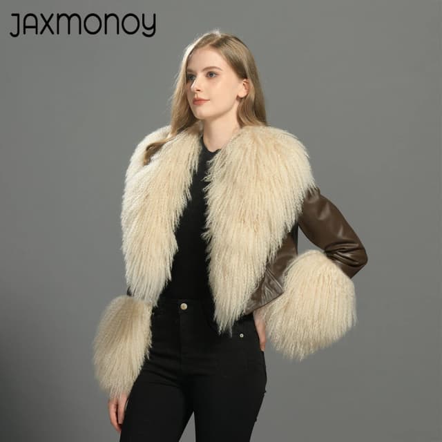 Jaxmonoy chaqueta de cuero para mujer con piel auténtica mongol 2024 nueva Otoño Invierno chaquetas cortas de piel de oveja para mujer abrigo recortado de moda