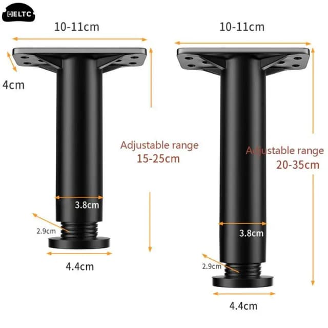 Soporte de viga de cama ajustable telescópico negro, pata de muebles de plástico reforzado, pata de sofá, soporte de carga inferior, 1 unidad
