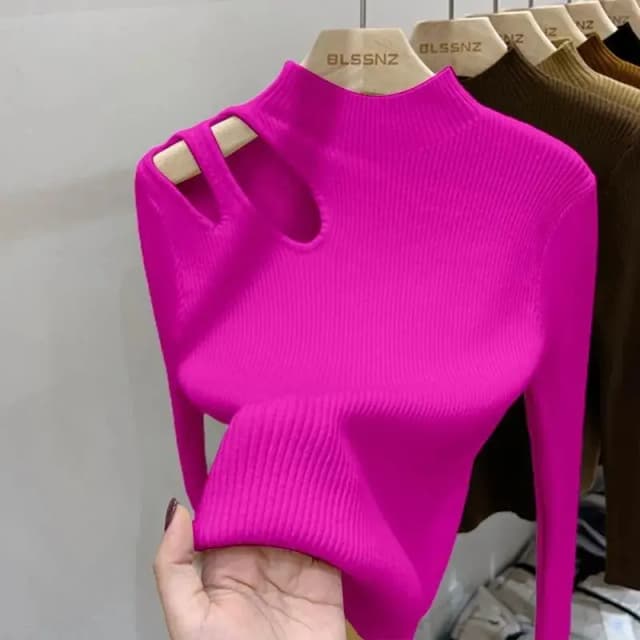 Suéter de punto con cuello alto calado para mujer, jerséis acanalados, suéteres básicos de otoño e invierno para mujer, Tops suaves y cálidos