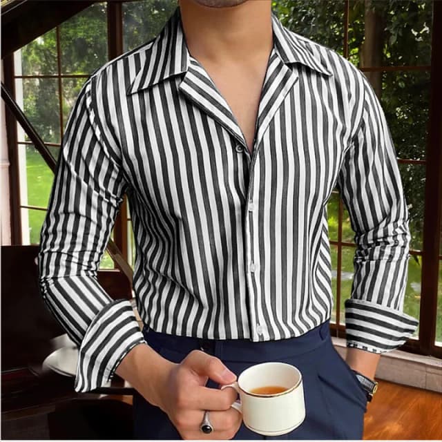 Camisa de manga larga para hombre, camisa con botones, camisa de verano, azul, manga larga, solapa a rayas, ropa de vacaciones, Tops casuales de moda