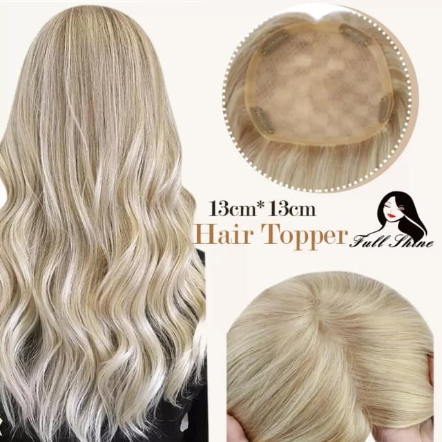 Topper para el pelo totalmente brillante para mujer, 13x13cm, pieza cómoda natural con Clips, Base de Mono transpirable 100%