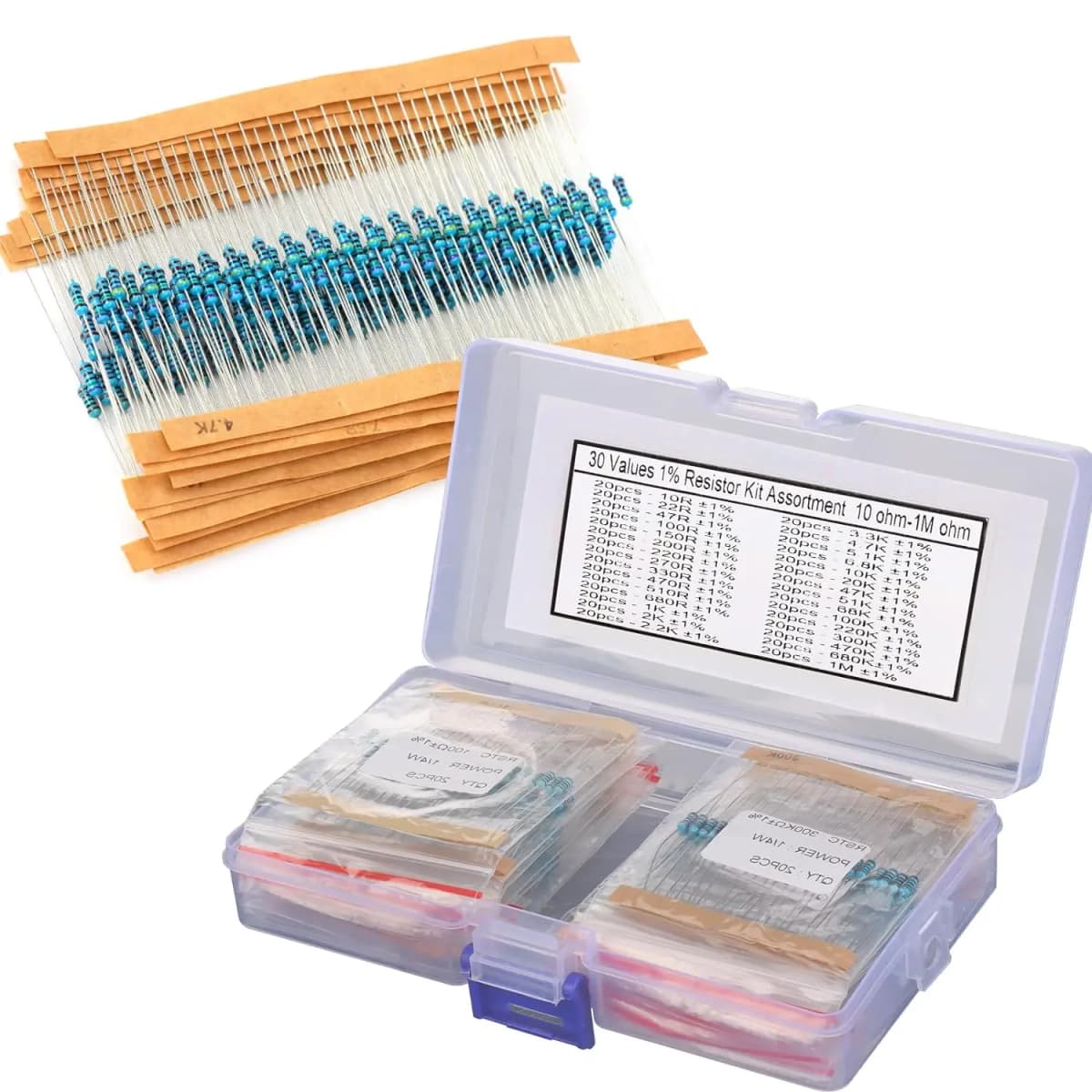 Kit surtido de resistencias de película metálica, 600 Uds., 30 valores, resistencia de película metálica, 1/4W, 1ohm-10Mohm, 1% de tolerancia