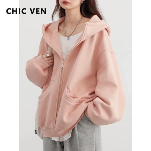 CHIC VEN-Sudadera holgada de manga larga con capucha para mujer, suéter de felpa con doble cremallera, abrigo de gran tamaño, informal, primavera y otoño, 2024