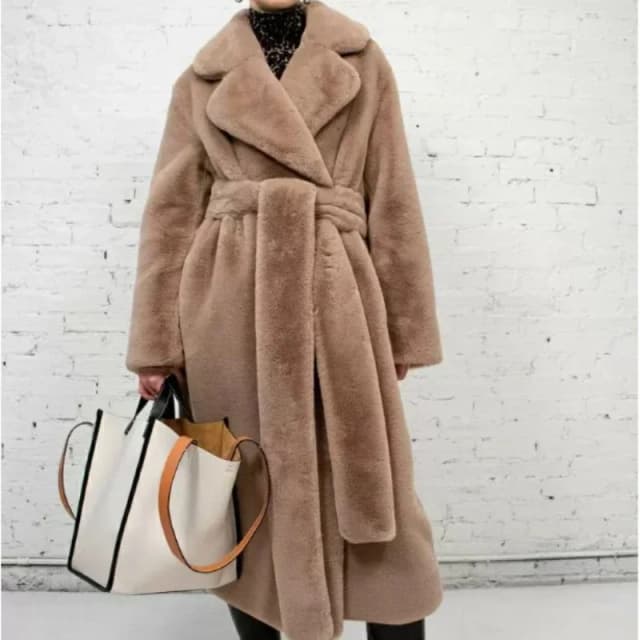 Chaqueta Maxi de piel sintética para mujer, abrigo largo con cinturón grueso para otoño e invierno, cinturón largo y cálido de lujo, Parkas negras de piel, prendas de vestir exteriores peludas