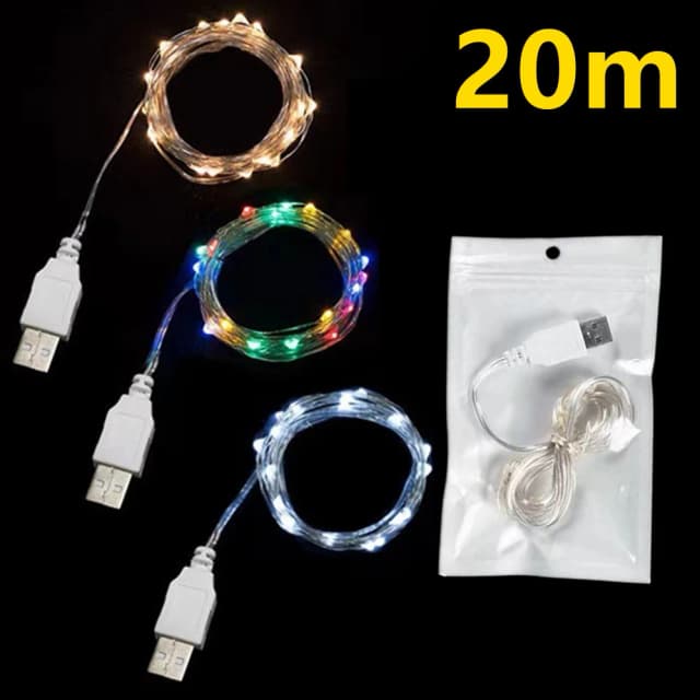 Guirnalda de luces LED USB de 3/10/20M, guirnalda de alambre de cobre y plata, luces de hadas impermeables para decoración del banquete de boda y Navidad