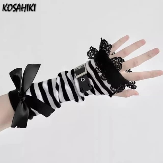 Harajuku Patchwork Lace Long Arm Warmer, guantes sin dedos con lazo, Mangas de protección solar Y2k, rayas estéticas Grunge, gótico, Verano