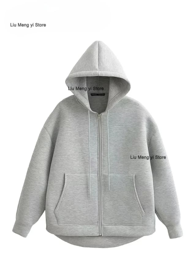 TRAFZA otoño mujer chaqueta gris con capucha de manga larga bolsillo grande chaqueta con cremallera abrigo mujer suelta Casual prendas de vestir exteriores abrigo Tops