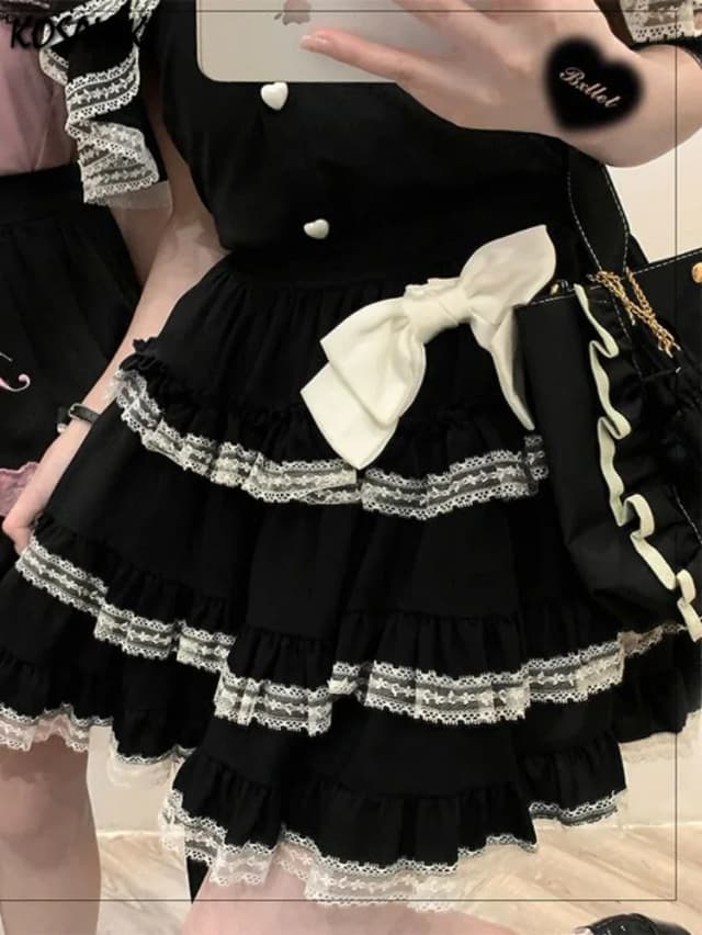 Minifalda japonesa Kawaii con forma de pastel para mujer, Faldas góticas dulces estéticas Y2k de encaje de cintura alta, color negro, informal, elegante, Lolita