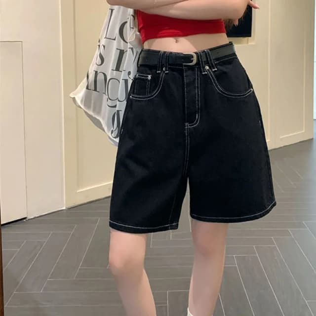 Pantalones cortos negros para mujer, pantalones cortos vaqueros rectos a la moda Y2K holgados de verano 2025, ropa de calle Vintage para mujer, pantalones cortos vaqueros holgados