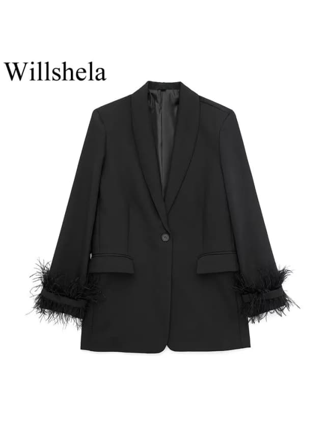 Willshela, chaqueta Blazer de satén negro con plumas a la moda para mujer, chaqueta Vintage con cuello entallado y un solo botón, trajes femeninos de manga larga