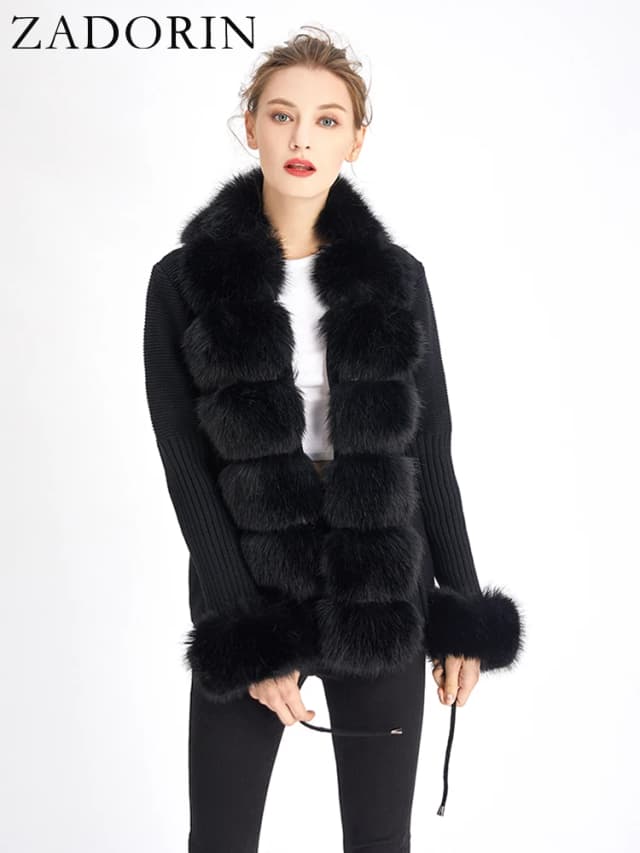 ZADORIN-cárdigan de piel de lujo para mujer, suéter tejido de invierno, elegante cinturón de piel desmontable, cárdigan blanco, rosa y negro, estilo coreano