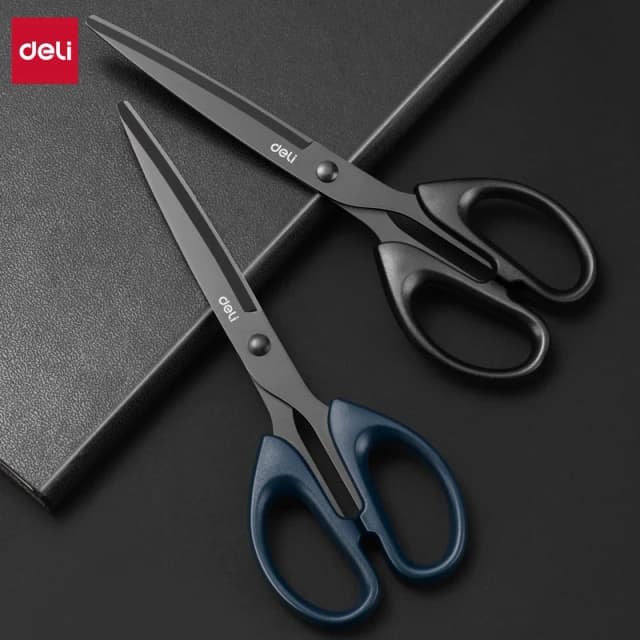 DELI-tijeras profesionales de oficina, tijeras resistentes de 180mm con hoja negra, herramienta de corte afilada de acero inoxidable para manualidades en papel
