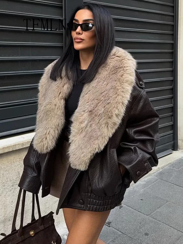 TFMLN 2025 chaqueta holgada de piel sintética para mujer, abrigo informal con cuello de piel grande removido a la moda, prendas de vestir con doble botonadura de calle alta