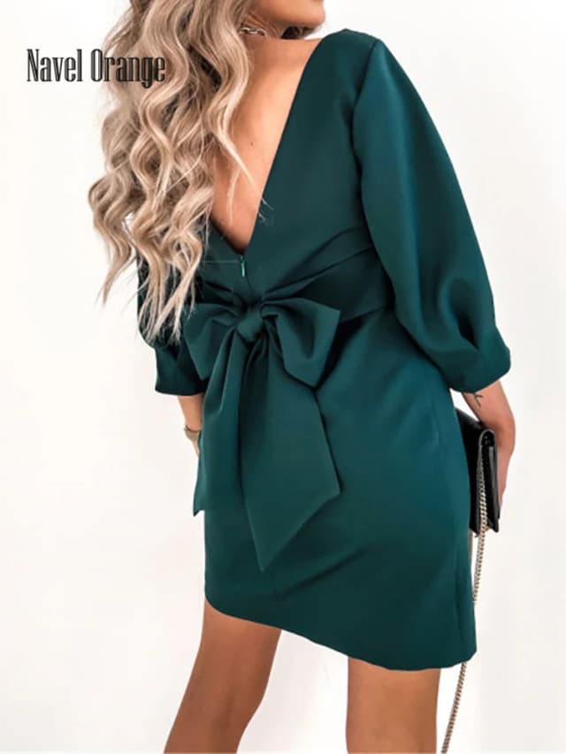 2025 mujeres sólido cuello redondo princesa vestido de fiesta primavera otoño Sexy manga tres cuartos señoras arco espalda descubierta ropa de calle Dropshipping