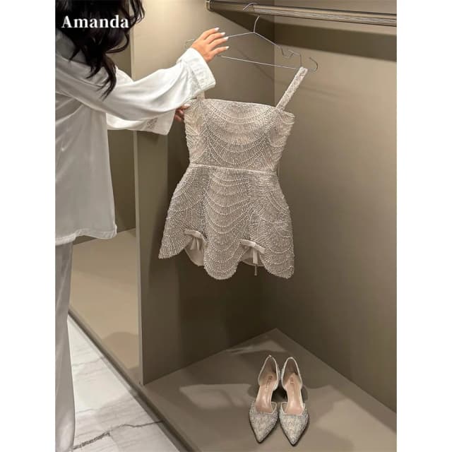 Amanda personalizado brillo rebordear A-Line vestido de novia sin mangas Sexy Mini vestidos de noche Spaghetti Strap Formal Evening2025