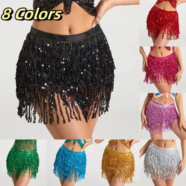 Falda corta de baile latino Hula vestido de escenario bufanda de cadera de rendimiento de fiesta de carnaval borla de tres capas cadena de cintura de lentejuelas de danza del vientre