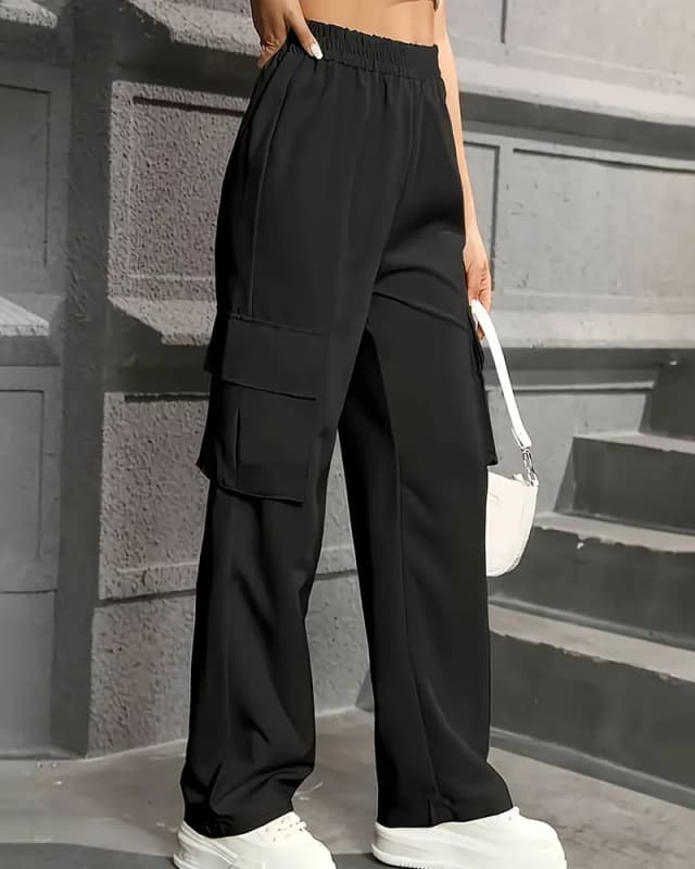 Pantalones de trabajo de moda con cintura elástica, pantalones de pierna ancha de cintura alta, pantalones deportivos informales sueltos de Color sólido, ropa deportiva para mujer