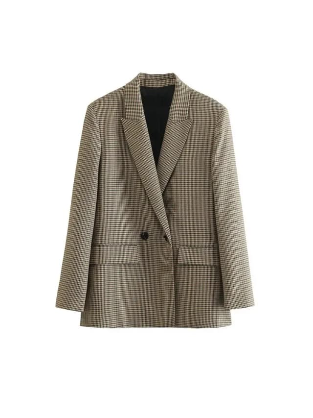 TRAF-Chaqueta a cuadros con doble botonadura para mujer, abrigo Vintage de manga larga con bolsillos y solapa, prendas de vestir exteriores para mujer, chalecos elegantes para mujer