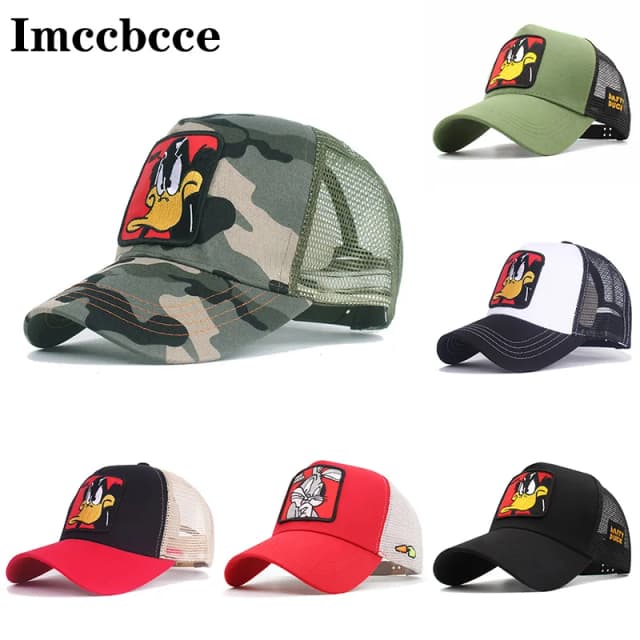 Gorras de béisbol de dibujos animados de Anime para mujer, sombreros de malla para hombre, gorra Snapback de Hip Hop bordada con pato, gorra para el sol para camionero al aire libre para hombre y mujer