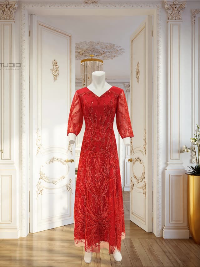 Vestido de noche de lujo para madre, elegante y ligero, cuentas de uñas de encaje rojo, temperamento
