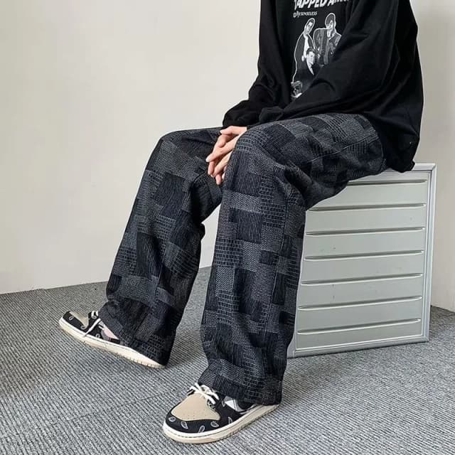 Pantalones vaqueros a cuadros azules y negros de otoño para hombre Y2K, Vaqueros de pierna ancha Vintage, Pantalones vaqueros rectos sueltos de calle alta, Pantalones de Hip Hop