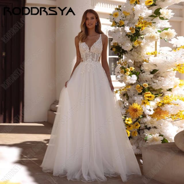 RODDRSYA-vestidos de novia sin mangas con cuello en V, traje de novia personalizado, corte en A, de encaje marfil, estilo bohemio, con apliques sin espalda, 2025Roddrsya personalizado vestido de novia sin mangas de cue