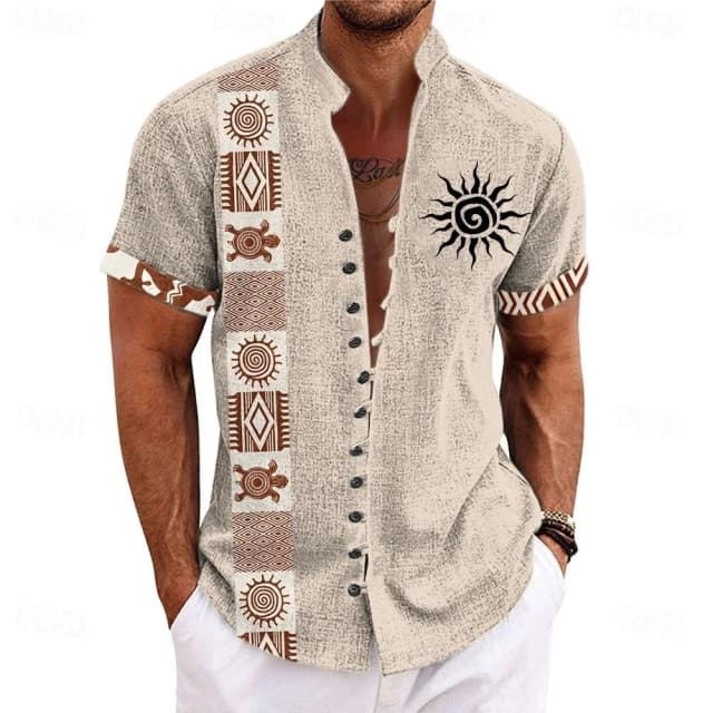 Camisa de manga corta de lino para hombre, moda, estilo retro, estampado de tótem nacional, comodidad y respiración, camiseta superior para hombre, hawaiana