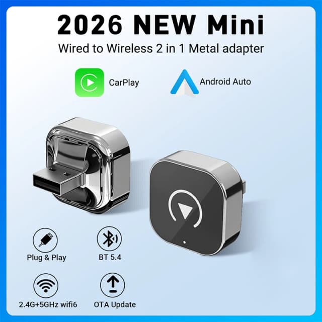 Nuevo Mini Dispositivo Carplay AI Box, Conexión por Cable a Inalámbrica, CarPlay y Android Auto 2 en 1, WiFi 5 GHz, para el 99% de los Autos con CarPlay/Auto con Conexión por Cable