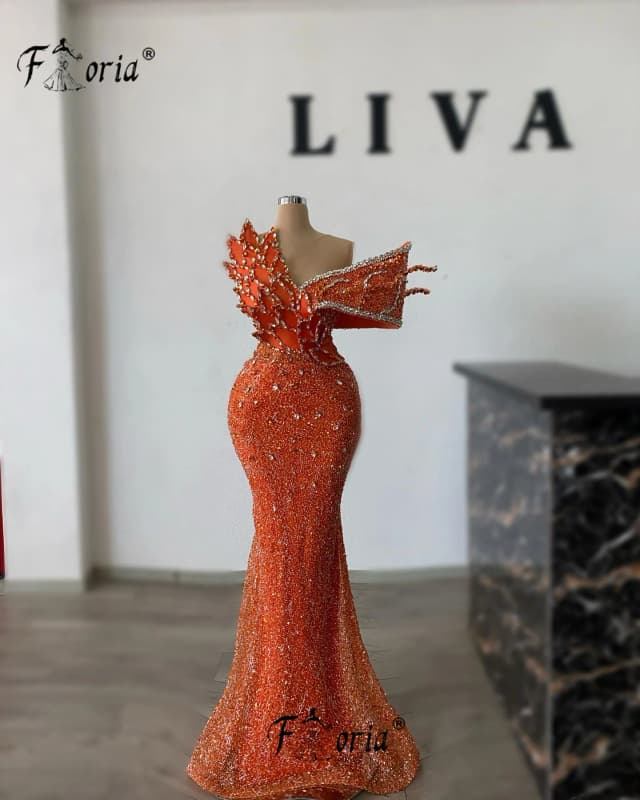 Elegante vestido de fiesta naranja con cuentas, apliques de cristal, vestido de noche Formal 3D, batas de cóctel personalizadas, longues soirées élégantes 2025