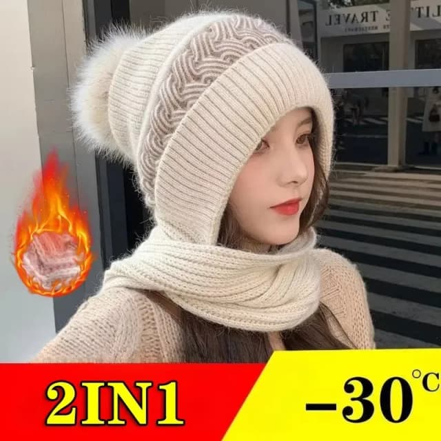 Gorro bufanda todo en uno para mujer, gorro tejido con pelo de conejo cálido para invierno, protección para los oídos para ciclismo, gorro acolchado bonito a prueba de frío para el cuello