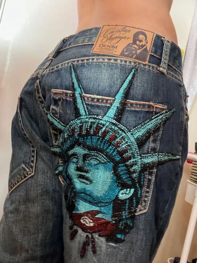 Y2k 2000s Estatua de la libertad diamantes Jeans Casual pantalones vaqueros de cintura alta rectos vaqueros de pierna ancha Harajuku Vintage ropa de mujer